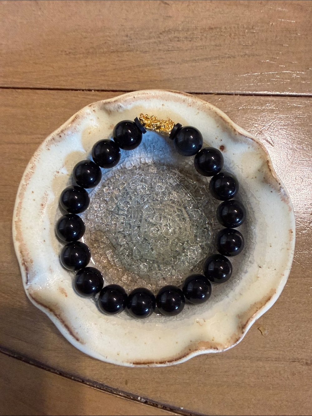 Black Obsidian Bead Bracelet with Gold Dragon (Pixiu)